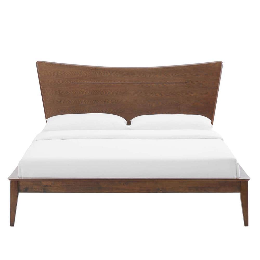 Mid-Century Walnut King Platform Bed with Angular Headboard