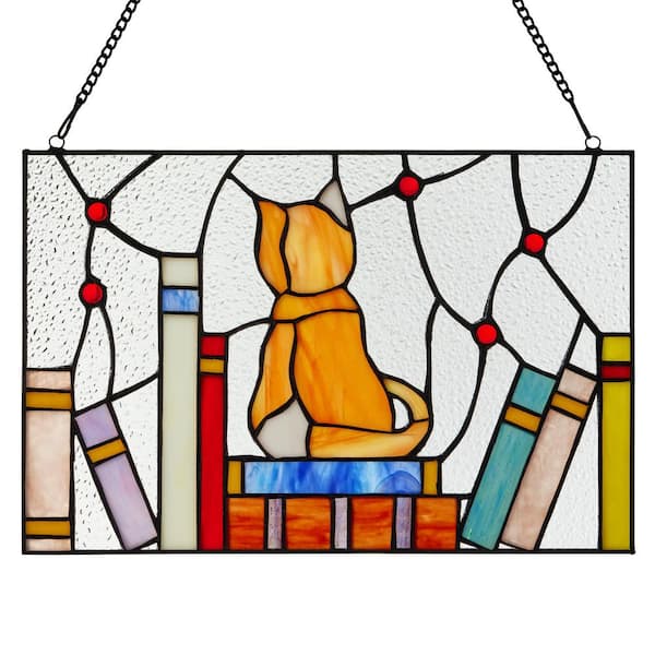 Book Lover's Kitten Multicolored Stained Glass Window Panel