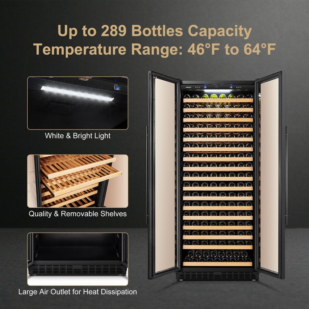Black Freestanding Dual Door Wine Cooler with Wooden Shelves