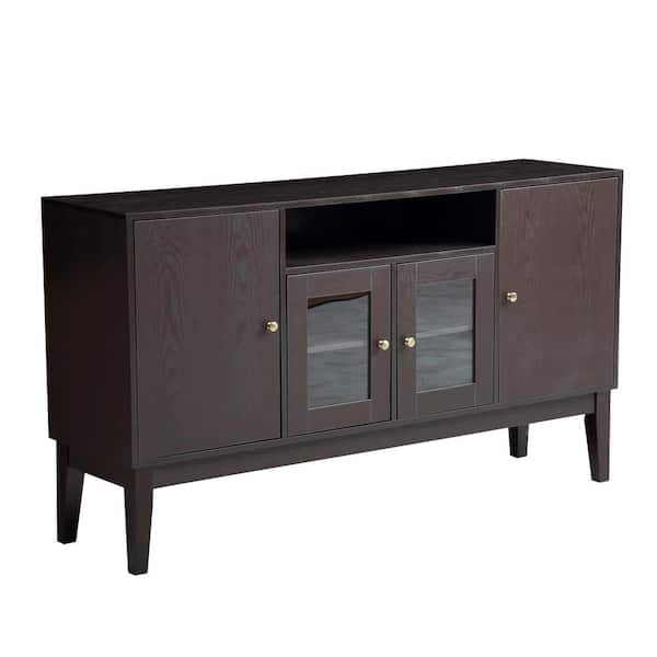 Tidoin 60 in. Brown Wood TV Stand Console Table Cabinet with 4-Doors and 3-Shelves Fits TV's up to 65 in.