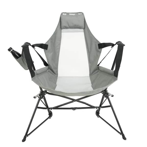 Gray Metal Folding Lawn Chair, Camping Chair with Cup Holder and Carry Bag