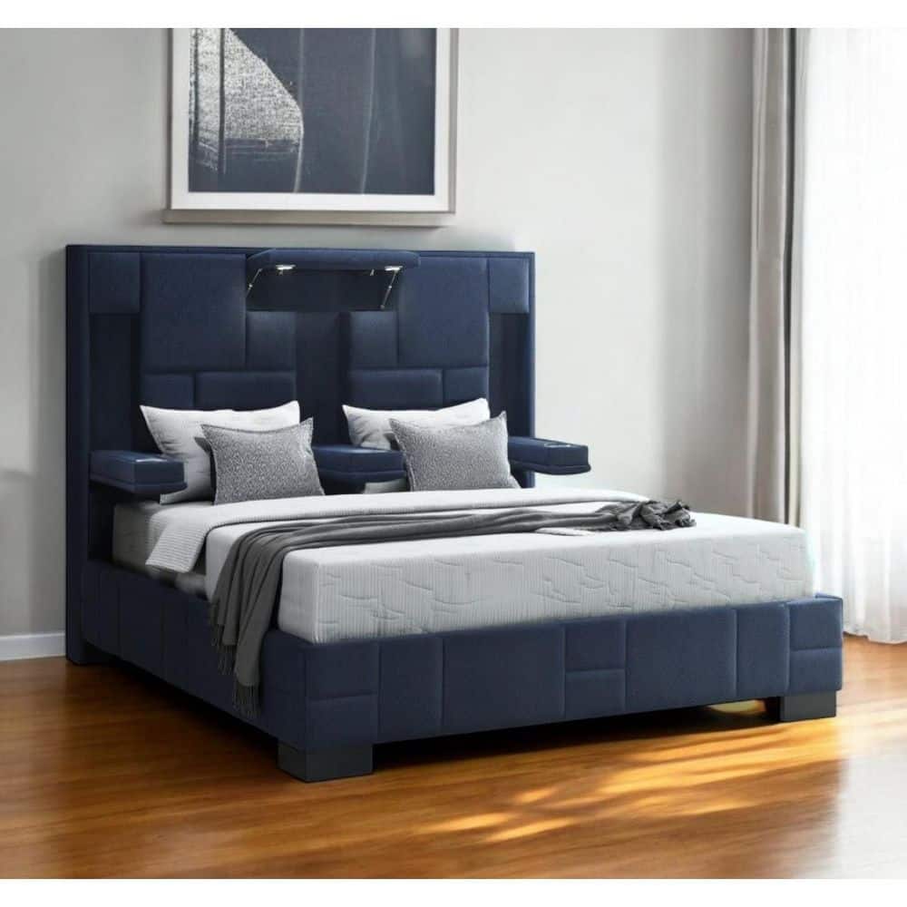 HomeRoots Blue Wood Frame Queen Panel Bed with Upholstered;Tufted