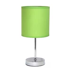 11.81 in. Green Traditional Petite Metal Stick Bedside Table Desk Lamp in Chrome with Fabric Drum Shade
