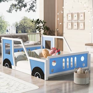 Blue Full Size Wooden Car-Shaped Platform Bed with Wheels