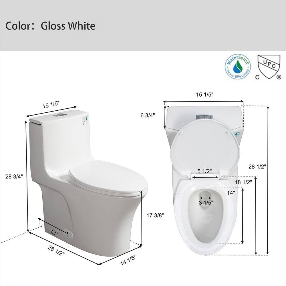 Glossy White Ceramic Dual Flush Elongated One-Piece Toilet