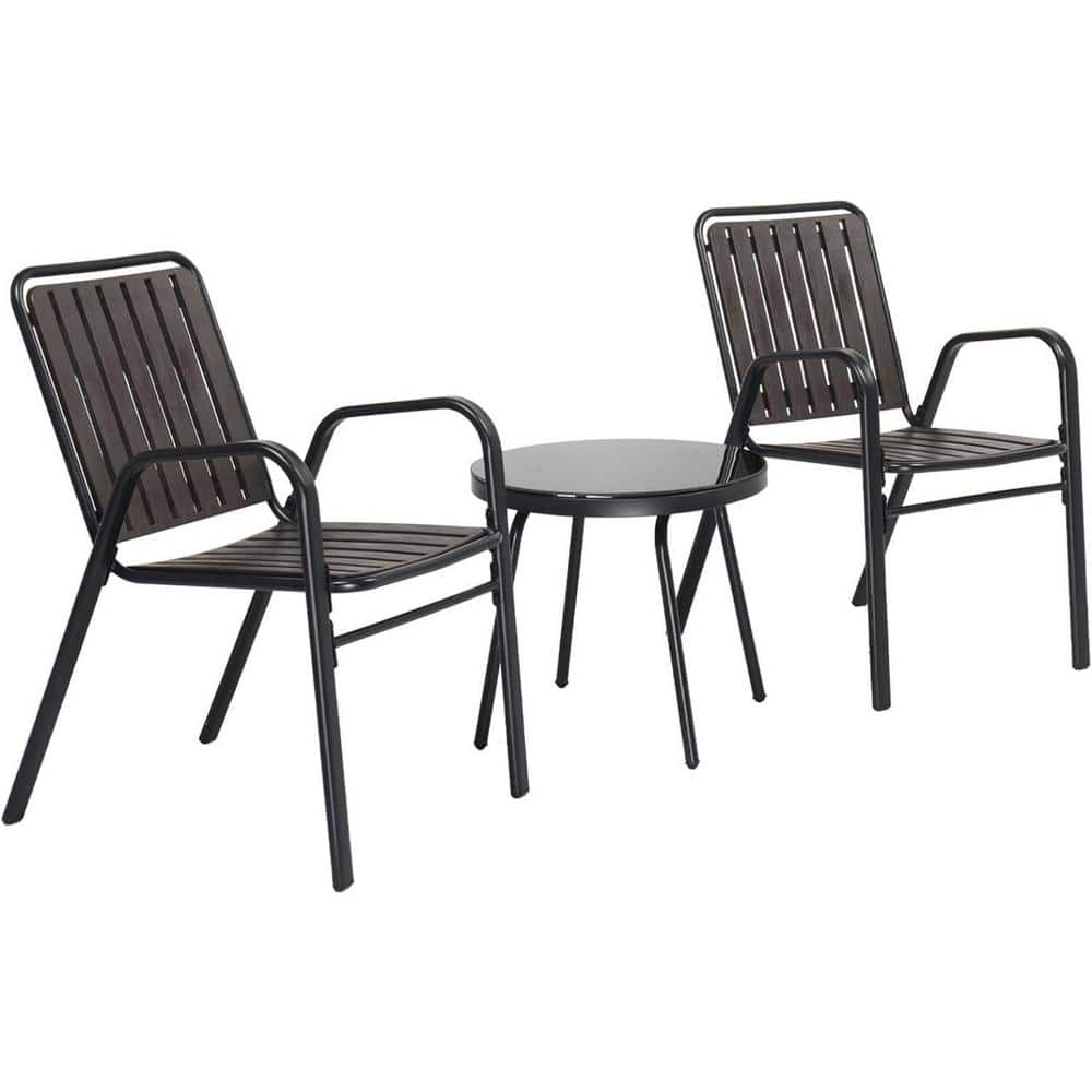 3-Piece Patio Bistro Table Set, Outdoor Furniture Set with 2 Stackable Patio Dining Chairs and Glass Table, Black, price history on PriceWatchPro