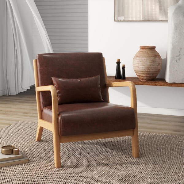 Uixe Modern Coffee Faux Leather Wood Frame Upholstered Accent Arm Chair (Set of 1)