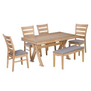 TD Garden 6-Piece Wood Retro 59 in. L Rectangular Outdoor Dining Set with Gray Cushions