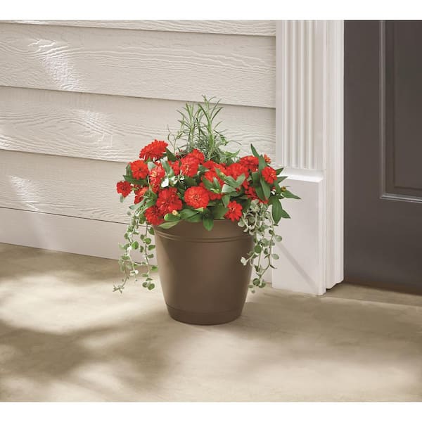 Mirabelle Medium Chocolate Plastic Planter with Drainage Hole and Attached Saucer (12 in. L x 12 in. W x 10.5 in. H)