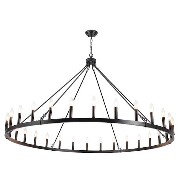 30-Light Black Farmhouse Candle Style Wagon Wheel Chandelier Lighting for Dining Room with No Bulbs Included