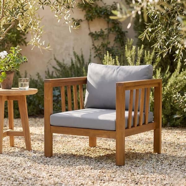 Ama pear Acacia Wood Outdoor Lounge Chair Patio Club Chair with Modern Square Arms, Thick Gray Cushion for Poolside Backyard Deck