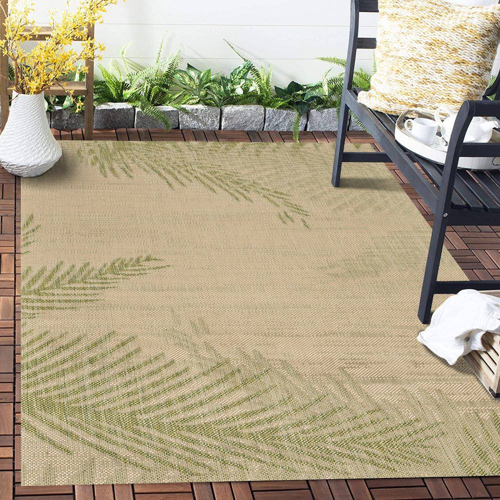 Beige and Green Tropical Palm Flat Woven Synthetic Area Rug