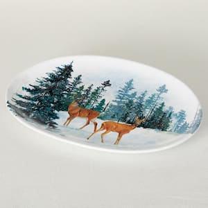 15 in. Blue Deer Scene Stoneware Oval Stoneware Platter