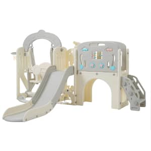 Gray 10-in-1 Indoor, Outdoor Kids Slide Playset Structure with Basketball Hoop, Arch Tunnel and Telescope
