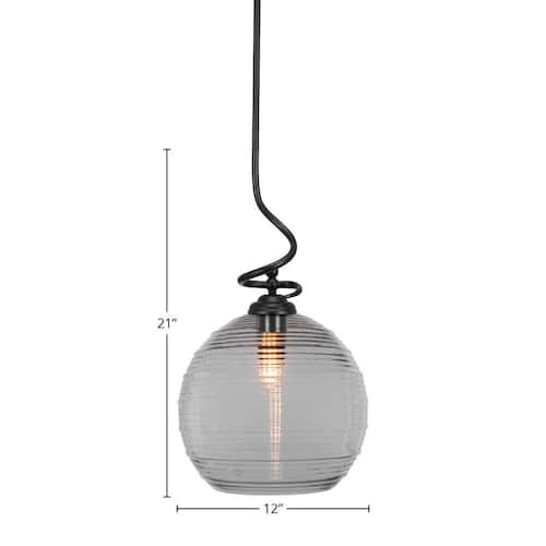 Royale 100-Watt 1-Light Matte Black Shaded Pendant Light with 12 in. Clear Ribbed Glass Shade, No Bulb Included Pendant Lights