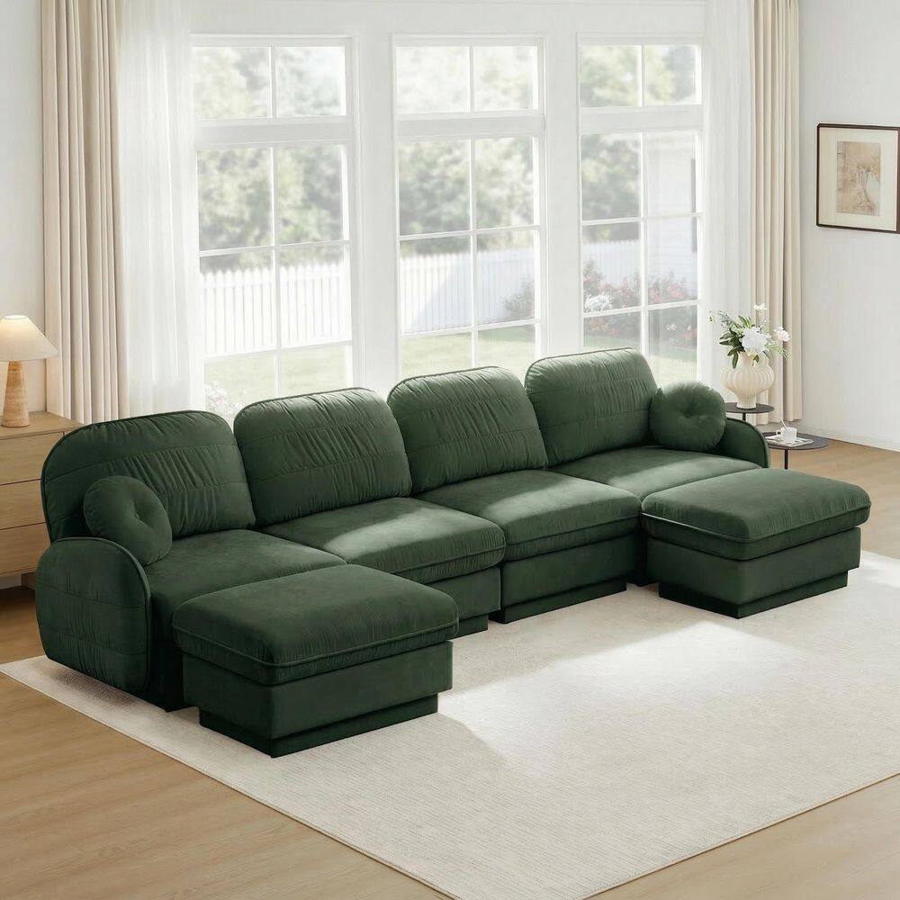 Udele 137 in. Flared Arm Chenille U-Shaped Sectional Sofa in Green with Round Pillows, 2 Ottomans
