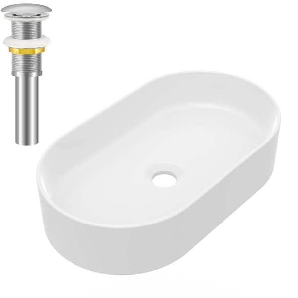 yulika Oval Sink 12 in . Bathroom Sink Ceramic Vessel Sink Bathroom Sink Modern with Pop-Up Drain in White and Sliver