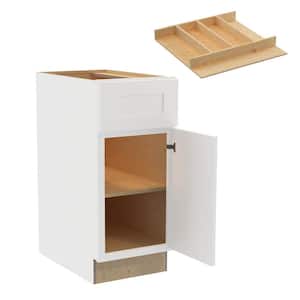 Newport 15 in. W x 24 in. D x 34.5 in. H Pacific White Painted Plywood Shaker Assembled Base Kitchen Cabinet Rt UT Tray