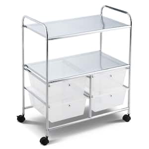 3-Tier Metal 4-Wheeled Rolling Storage Cart Rack Shelf with 4 Drawers in Clear