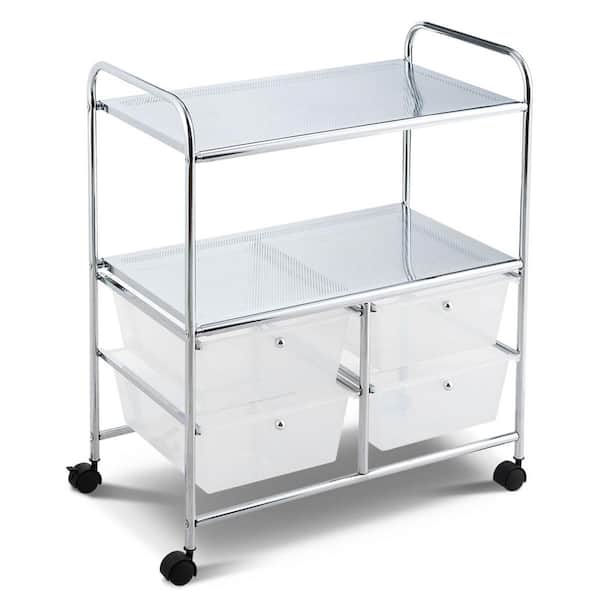 Costway 3-Tier Metal 4-Wheeled Rolling Storage Cart Rack Shelf with 4 Drawers in Clear