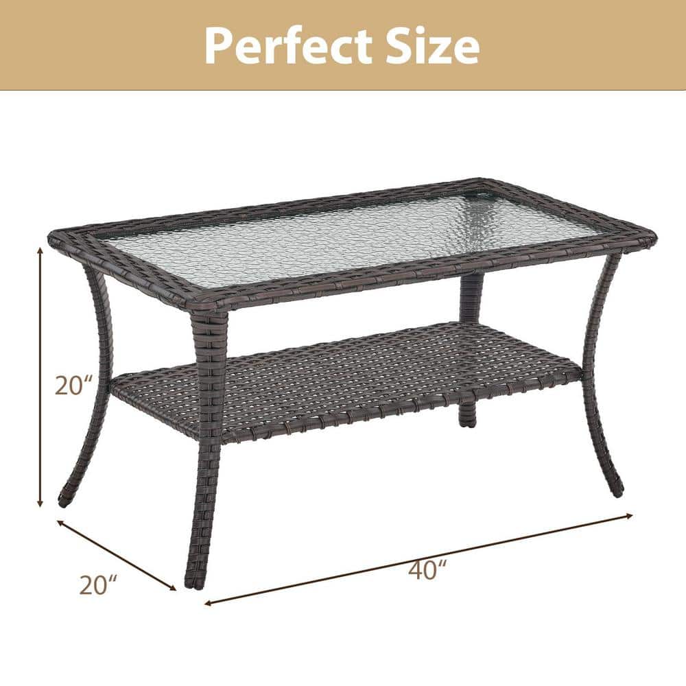 Carolina Brown Rectangular Wicker Outdoor Coffee Table with Glass Top