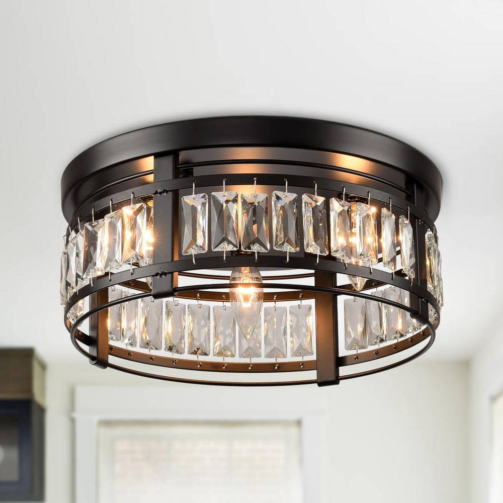 Matte Black Crystal Drum Flush Mount Ceiling Light