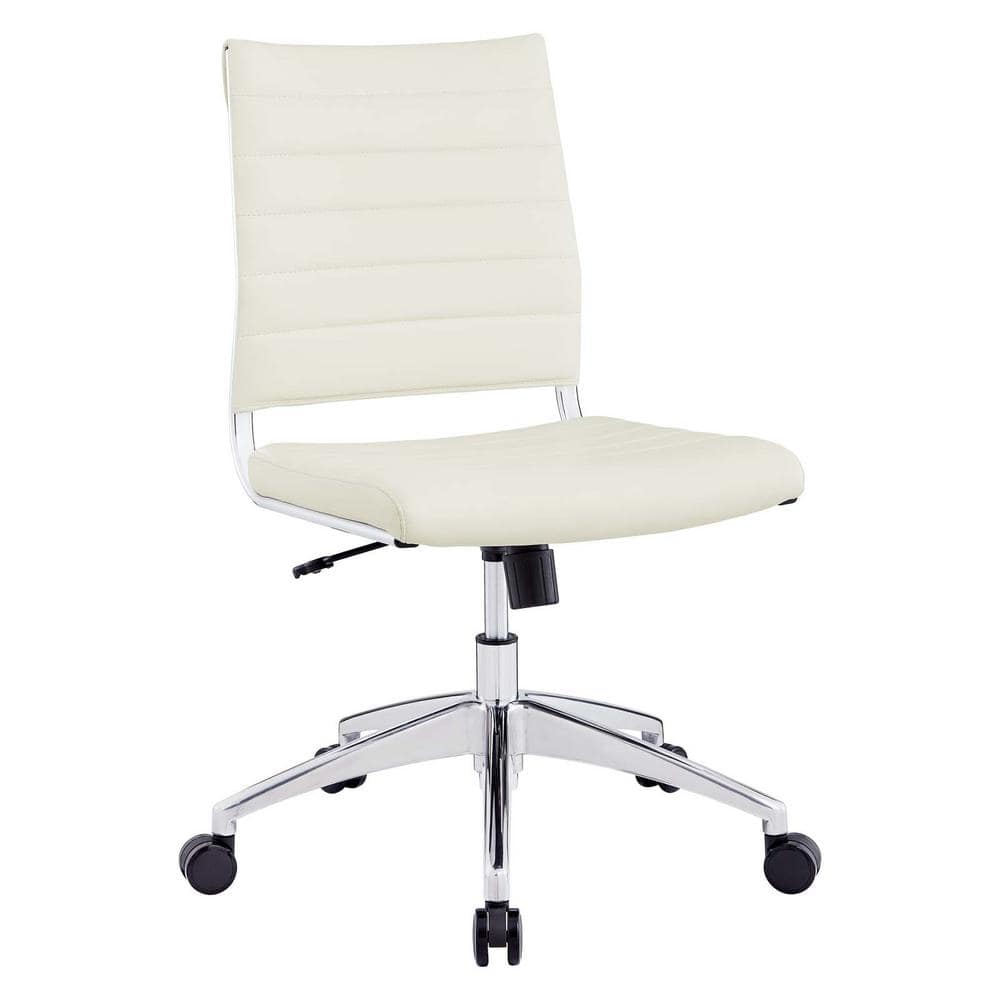 White Vinyl Armless Swivel Task Chair with Metal Base