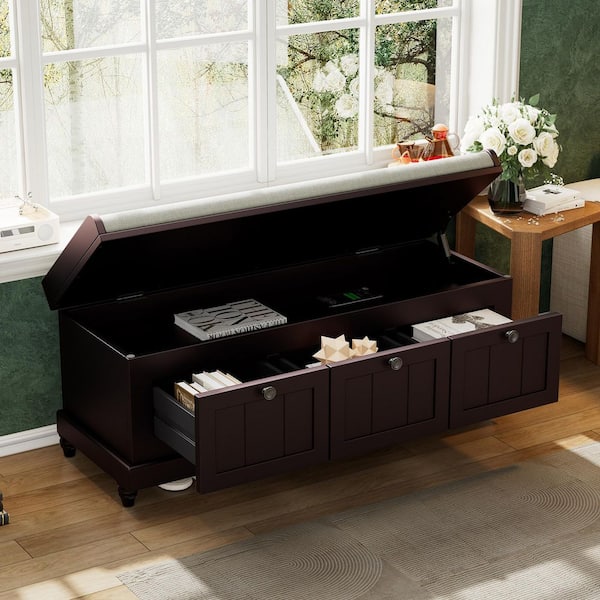 Espresso Dining Bench with Cushioned Seat, Flip Top Storage and 3 Drawers 44 in.