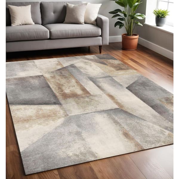 5 ft. x 8 ft. Gray Beige And Brown Abstract Area Rug