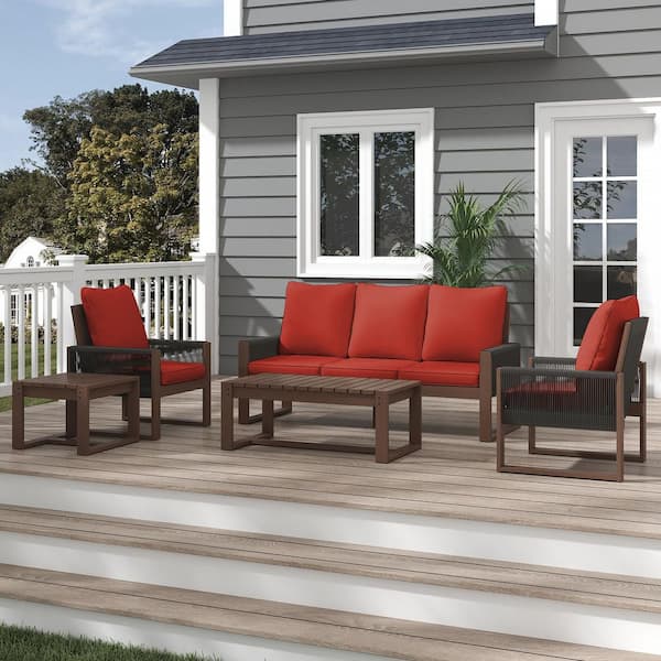 INMITOM 5-Piece Rustic Wood Patio Conversation Set with Woven Armchairs, Sofa, Coffee Table and Side Table, Red Cushions