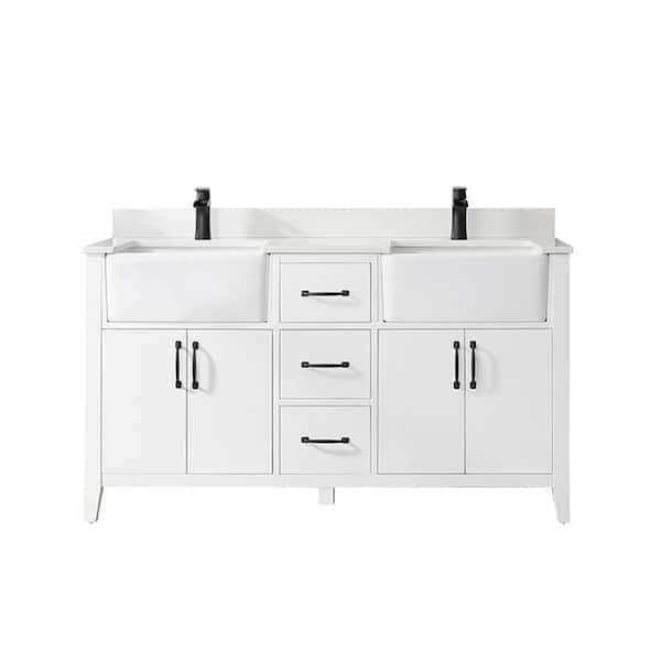 ROSWELL 60 in. W x 22 in. D x 33.9 in. H Bathroom Vanity in White with White Stone Composite Countertop without Mirror