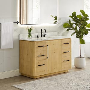 Serene 48 in. Single Freestanding Nature Brown Bath Vanity with Grain White Engineered Stone Top Assembled