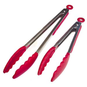 2-Piece Red Stainless Steel Grill Tongs for Cooking Camping Barbecue
