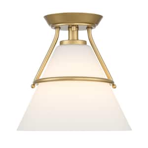 Greylock 10 in. 1-Light Vintage Gold Cone Semi-Flush Mount Ceiling Light with White Opal Glass Shade