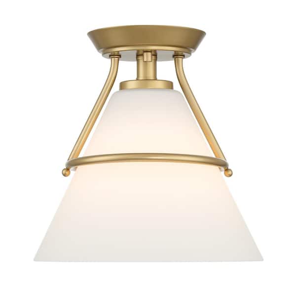 Hampton Bay Greylock 10 in. 1-Light Vintage Gold Cone Semi-Flush Mount Ceiling Light with White Opal Glass Shade