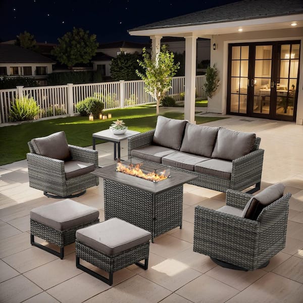 Gray Swivel Wicker Outdoor Rocking Chair with Gray Cushions and Glide Function (2-Pack)