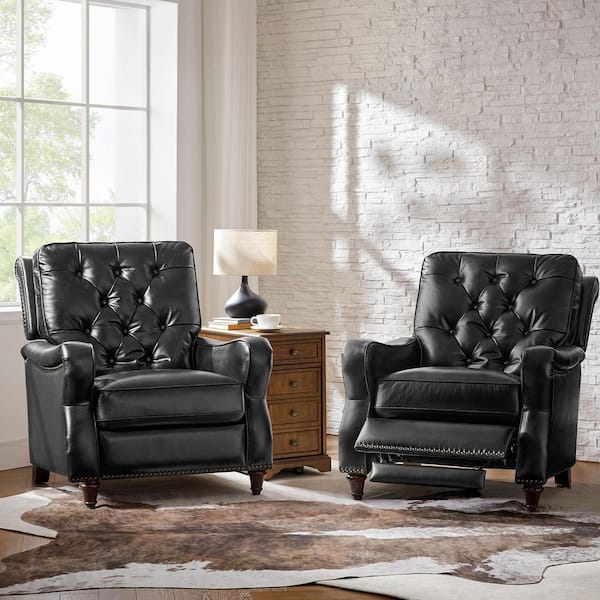 Louisa Black 33.5 in. W Genuine Leather Manual Recliner with Solid Wood Legs Set of 2