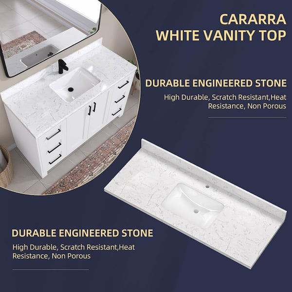 Cala 54 in. W x 22 in. D Cultured marble White Rectangular Single Sink Bath Vanity Top with Backsplash in Carrara White