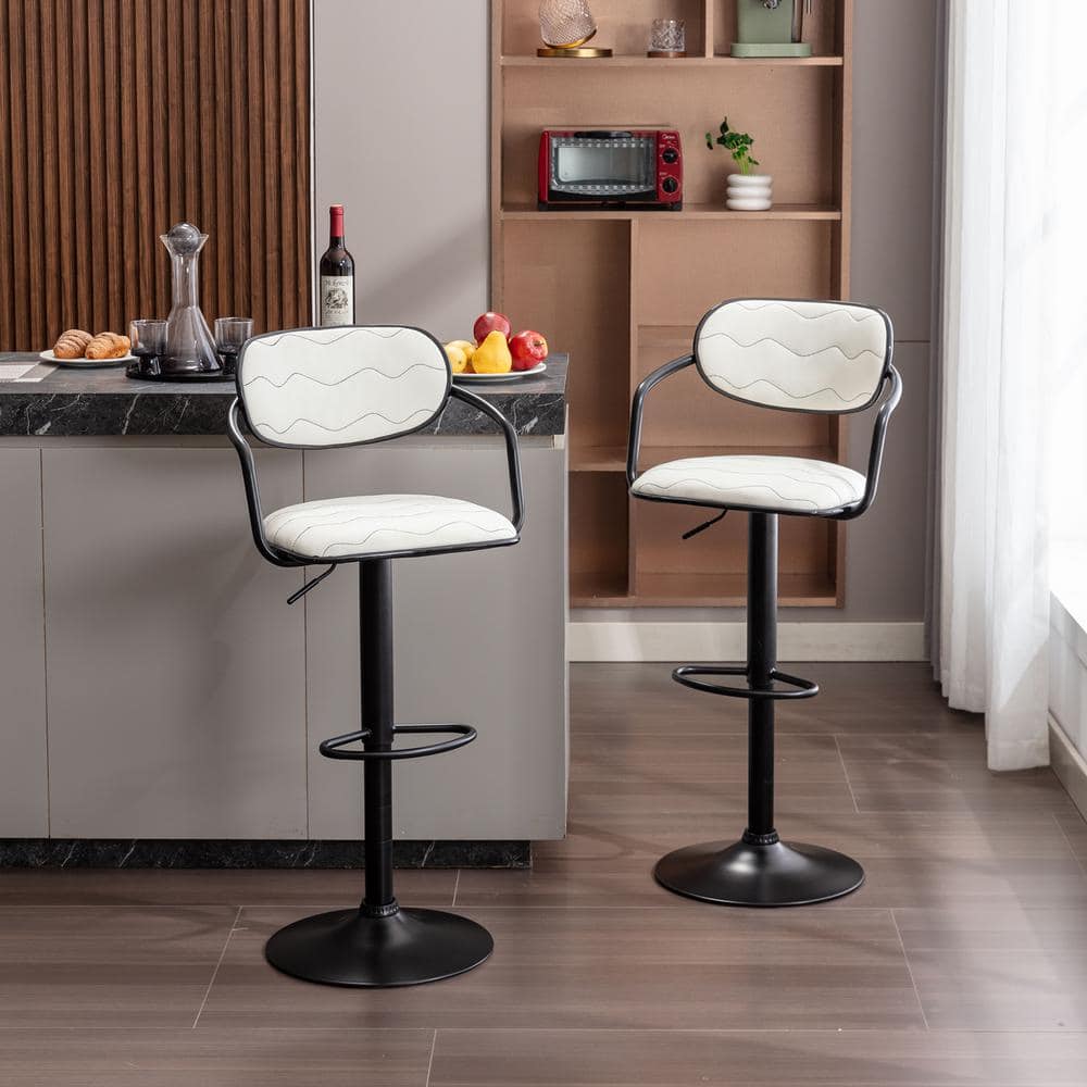 Adjustable White Faux Leather Swivel Bar Stools with Black Metal Frame, Set of 2