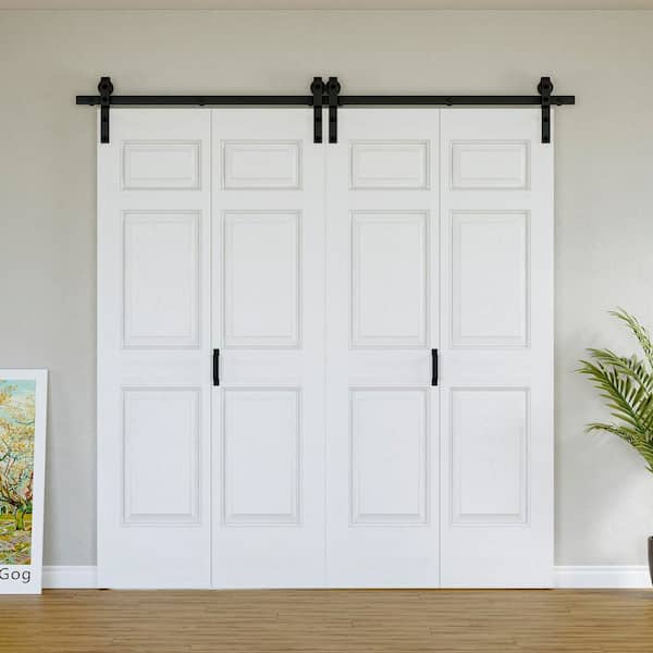 80 in. x 84 in. Paneled 6-Lite White Primed Hollow Core MDF Composite Bi-fold Door with Bifold Barn Door Hardware