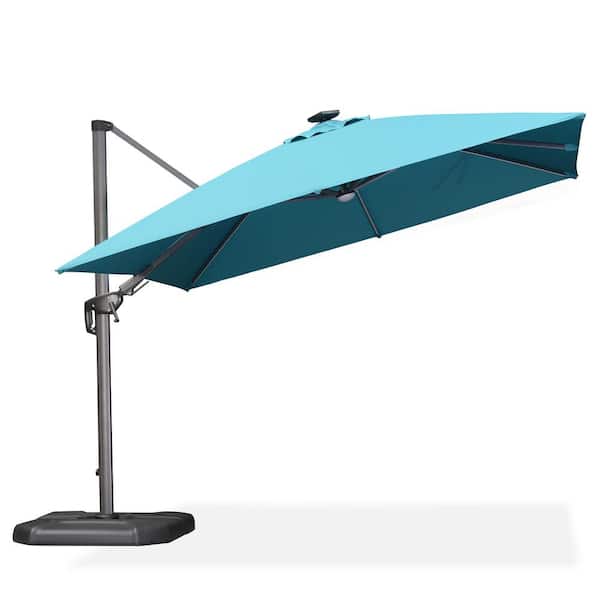 PURPLE LEAF 10 ft. Square Aluminum Cantilever Solar LED Swivel Offset 360°Rotation Umbrella with Base in Ground, Turquoise Blue