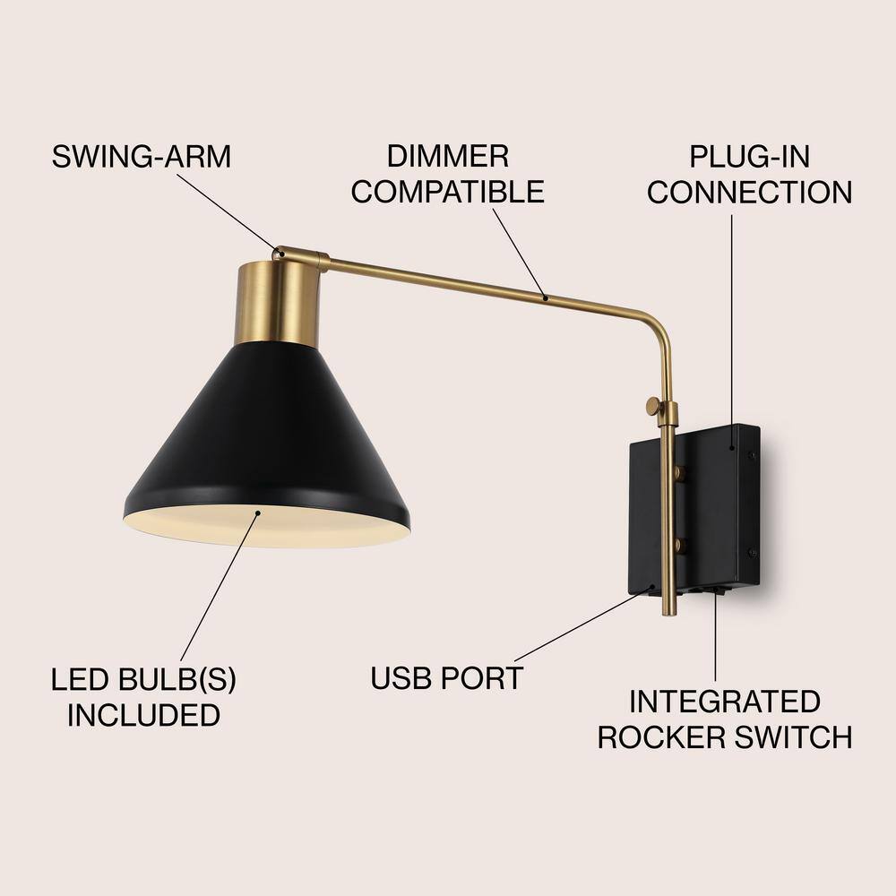 Max 20.5" Black and Brass Iron Swing Arm Wall Sconce