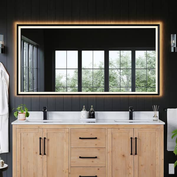 Apollo 72 in. W x 36 in. H Rectangular Framed LED Wall Bathroom Vanity Mirror in Matt Black