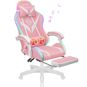 Faxu Leather Bluetooth Speakers Massage LED Reclining Ergonomic Gaming Chair in Pink with Footrest