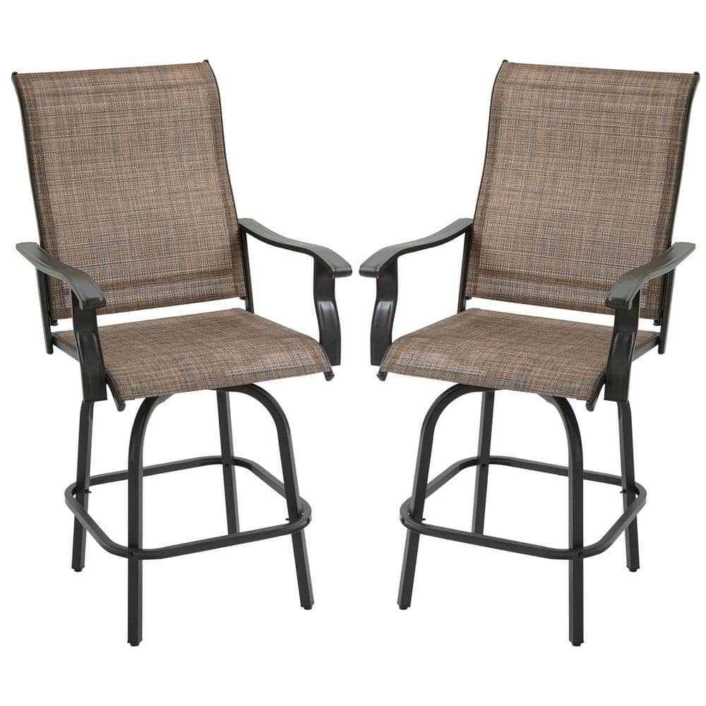 Brown Steel Frame Outdoor Swivel Bar Stools with Armrests
