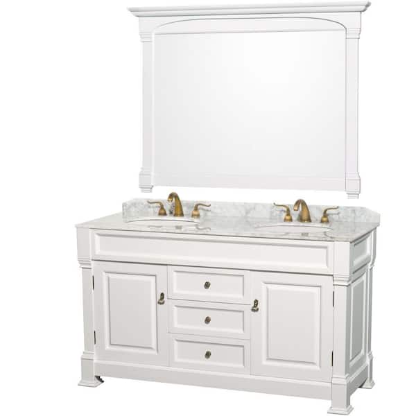 Wyndham Collection Andover 60 in. Double Vanity in White with Marble Vanity Top in Carrara White with Under-Mount Sink
