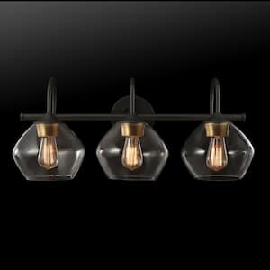 Harrow 26.3 in. 3-Light Dark Bronze Vanity Light with Antique Brass Accents and Clear Glass Shades