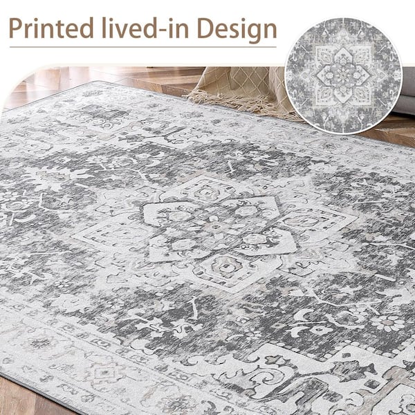 3 x 5 Gray Non-Slip Machine Washable Retro Area Rug