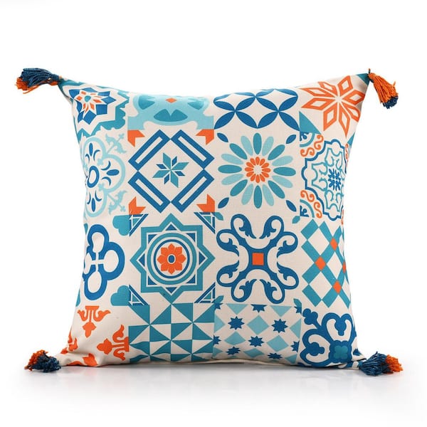 Unbranded Moses Handwoven Teal/Orange 20 in. x 20 in. Geometric Moroccan Indoor/Outdoor Throw Pillow