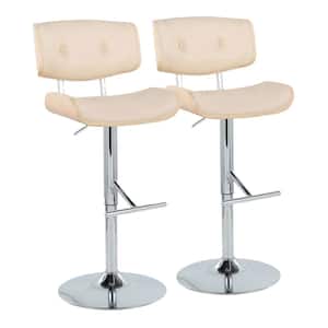 Lombardi 34 in. Cream Faux Leather, Natural Wood and Chrome Metal Adjustable Bar Stool Straight T Footrest (Set of 2)